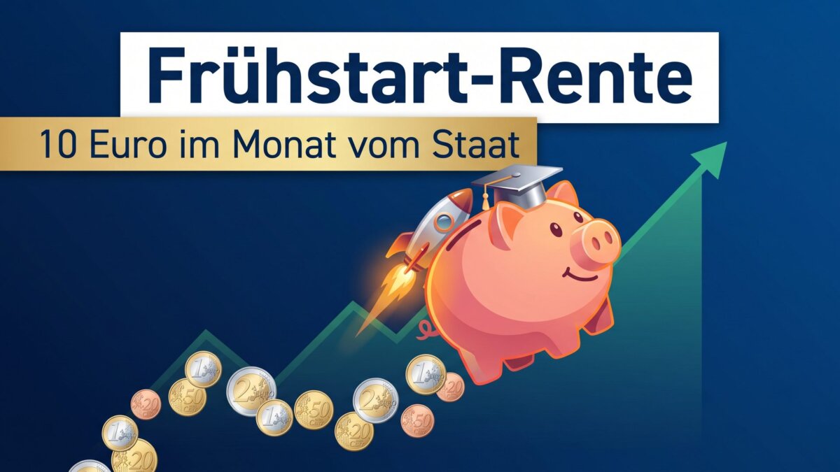 Sparschwein mit Raketen-Rucksack und Doktorhut steigt entlang einer Wachstumskurve auf, Euro-Münzen als Spur: die Frühstart-Rente mit 10 Euro monatlich vom Staat