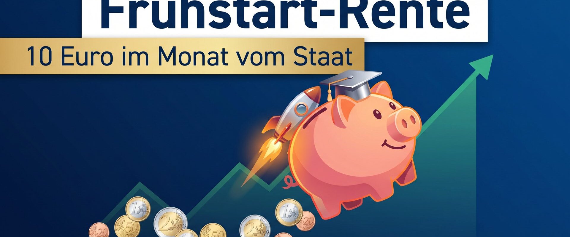 Sparschwein mit Raketen-Rucksack und Doktorhut steigt entlang einer Wachstumskurve auf, Euro-Münzen als Spur: die Frühstart-Rente mit 10 Euro monatlich vom Staat