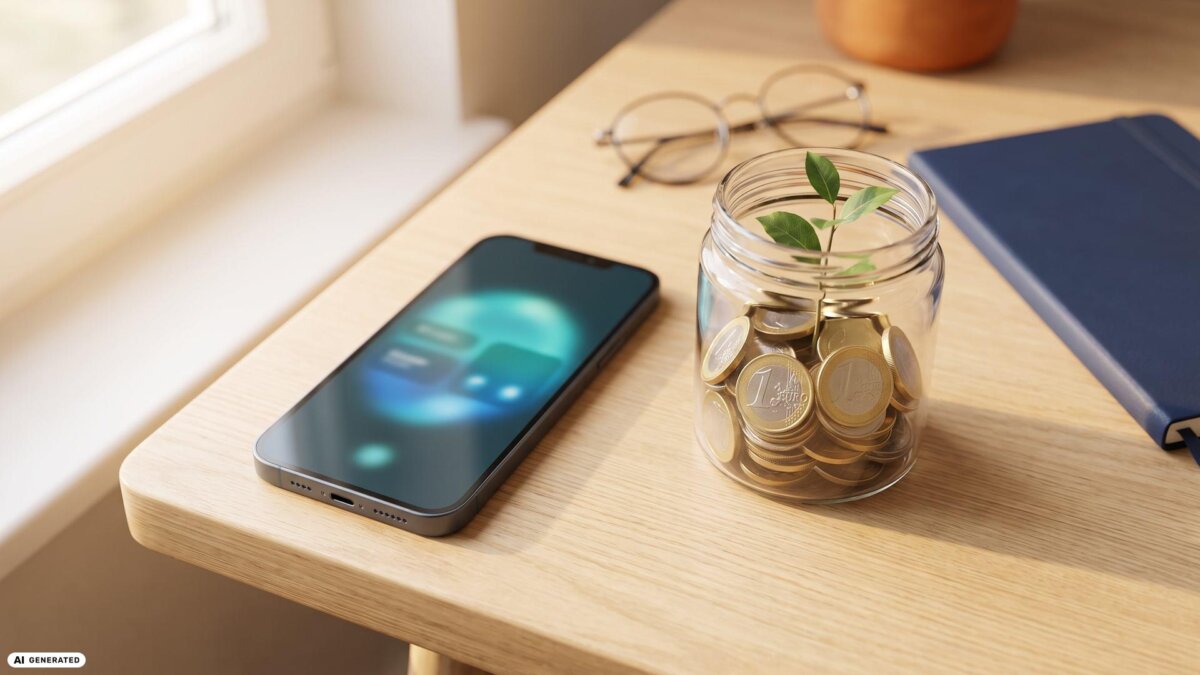 Smartphone mit Banking-App neben einem Sparglas voller Euro-Münzen, aus dem eine junge Pflanze wächst: Symbolbild für das Altersvorsorgedepot (KI-generiertes Bild)