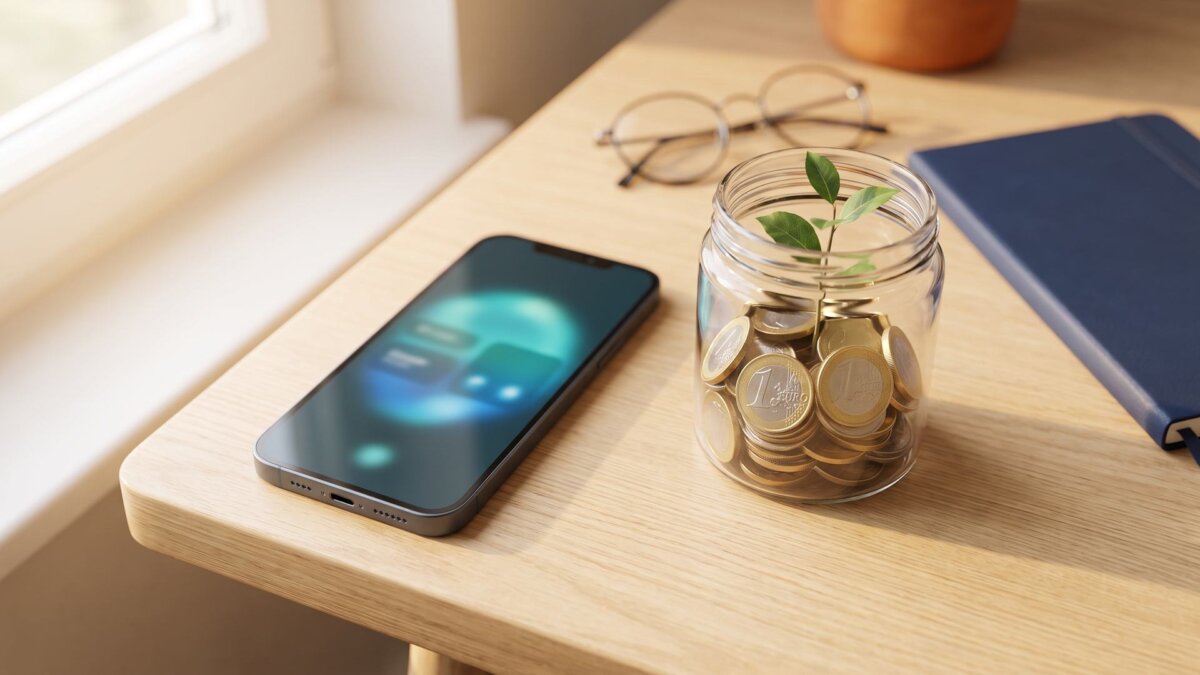 Smartphone mit Banking-App neben einem Sparglas voller Euro-Münzen, aus dem eine junge Pflanze wächst: Symbolbild für das Altersvorsorgedepot