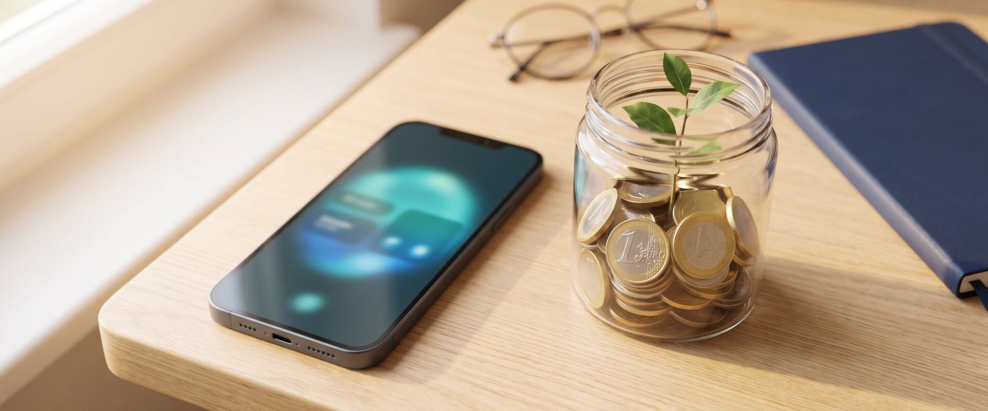 Smartphone mit Banking-App neben einem Sparglas voller Euro-Münzen, aus dem eine junge Pflanze wächst: Symbolbild für das Altersvorsorgedepot