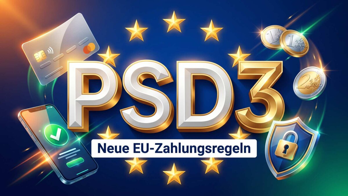 PSD3 in großen goldenen Buchstaben vor EU-Sternenkranz, daneben Kreditkarte, Smartphone mit Bezahl-Häkchen, Euro-Münzen und Schutzschild: die neuen EU-Zahlungsregeln