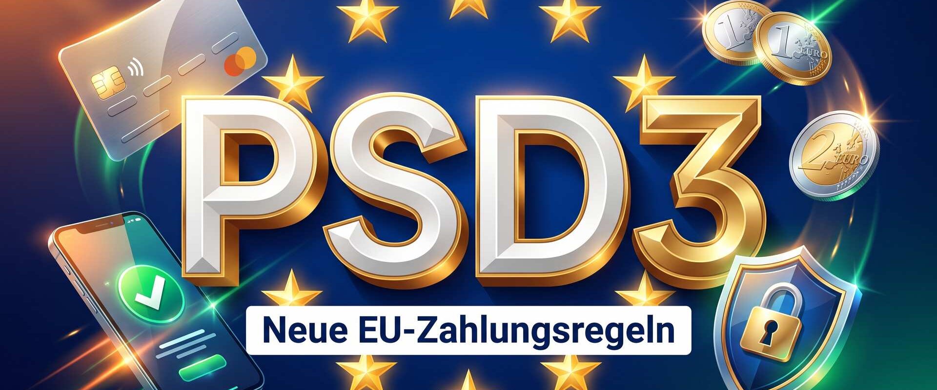PSD3 in großen goldenen Buchstaben vor EU-Sternenkranz, daneben Kreditkarte, Smartphone mit Bezahl-Häkchen, Euro-Münzen und Schutzschild: die neuen EU-Zahlungsregeln