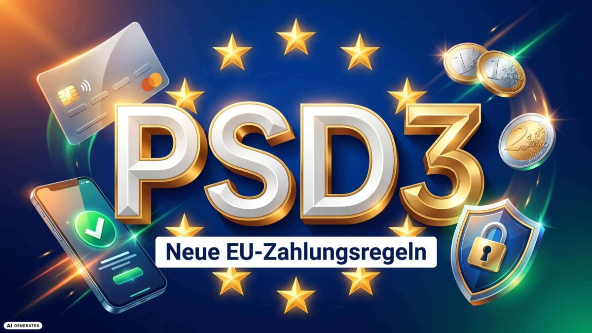 PSD3 in großen goldenen Buchstaben vor EU-Sternenkranz, daneben Kreditkarte, Smartphone mit Bezahl-Häkchen, Euro-Münzen und Schutzschild: die neuen EU-Zahlungsregeln (KI-generiertes Bild)
