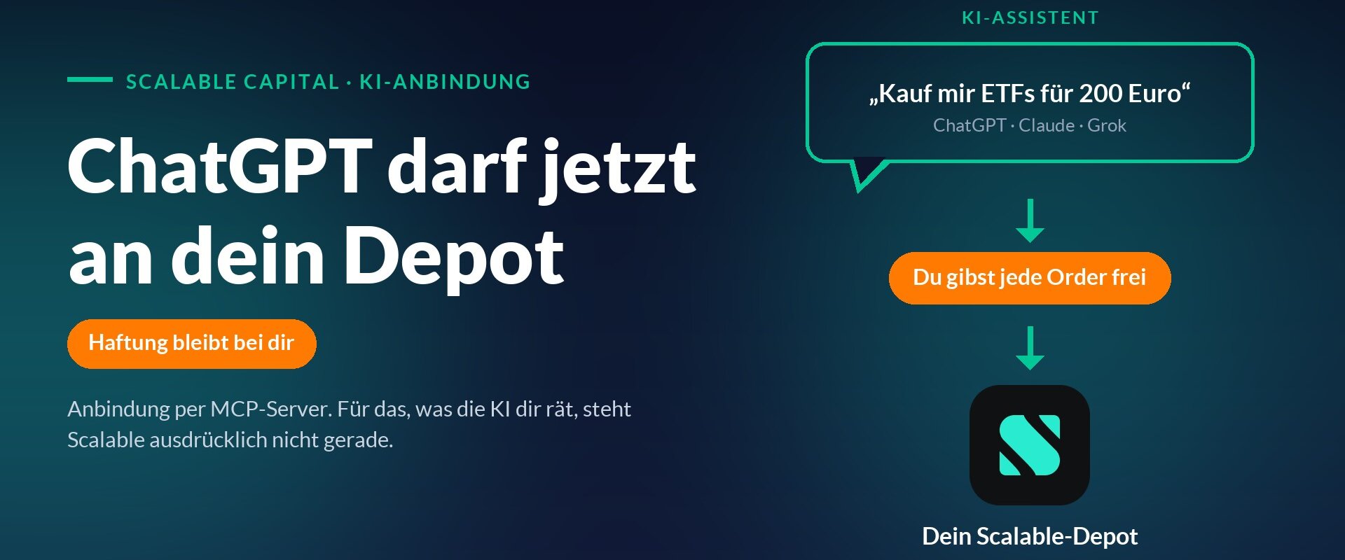 Schema: Ein Prompt an einen KI-Assistenten wie ChatGPT, Claude oder Grok führt über die Freigabe durch den Nutzer zum Scalable-Depot
