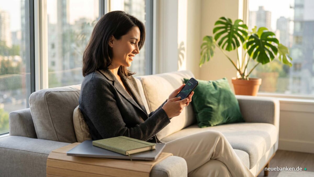 Frau prüft auf dem Sofa am Smartphone ihre ETF-Sparpläne für die Altersvorsorge