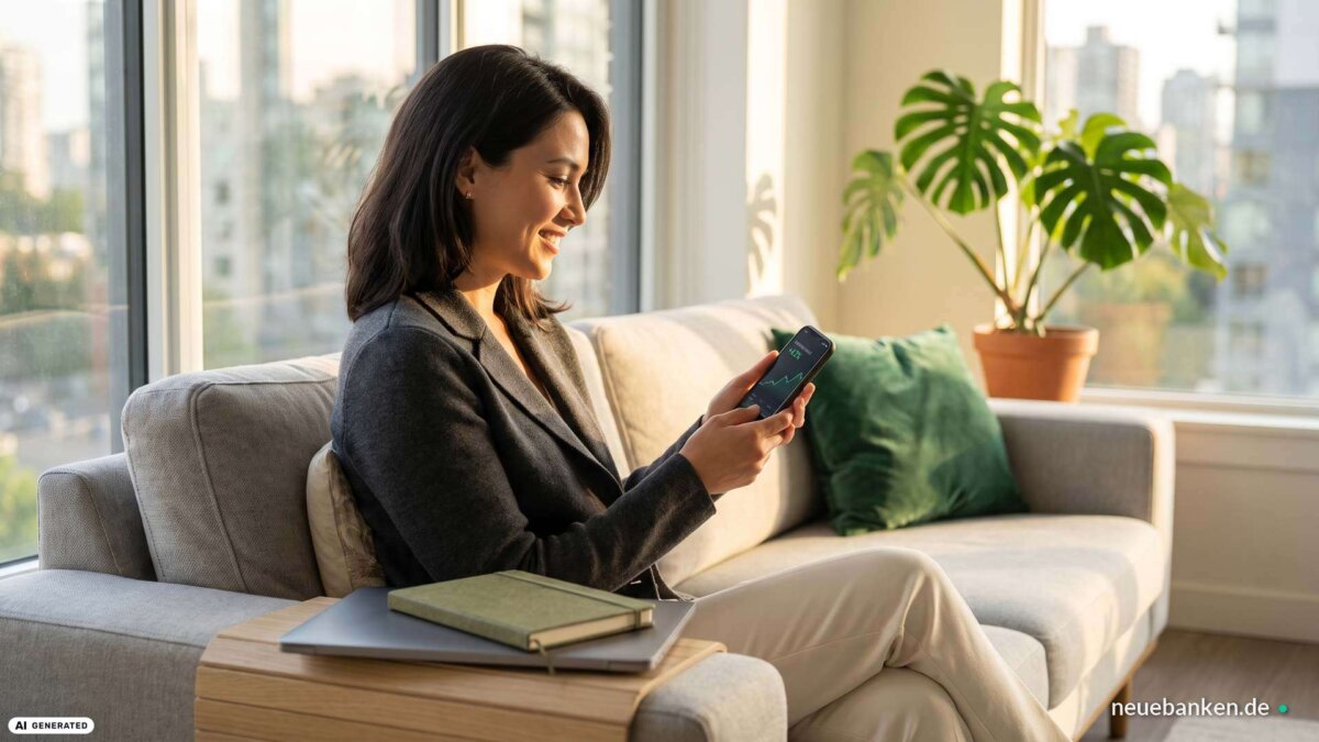Frau prüft auf dem Sofa am Smartphone ihre ETF-Sparpläne für die Altersvorsorge (KI-generiertes Bild)