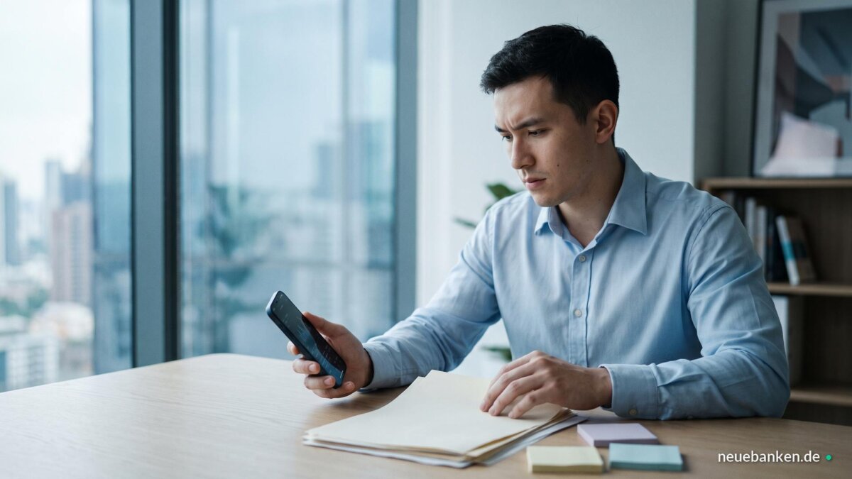 Mann vergleicht am Schreibtisch Informationen zum Altersvorsorgedepot auf Smartphone und Unterlagen