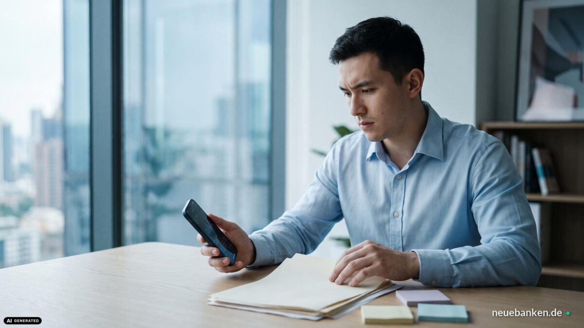 Mann vergleicht am Schreibtisch Informationen zum Altersvorsorgedepot auf Smartphone und Unterlagen (KI-generiertes Bild)