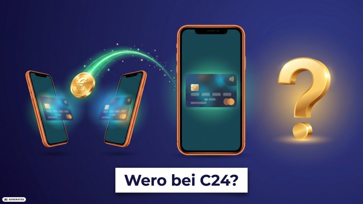 Smartphone mit goldenem Fragezeichen neben zwei Handys, die eine Euro-Münze übertragen: Unterstützt die C24 Bank Wero? (KI-generiertes Bild)