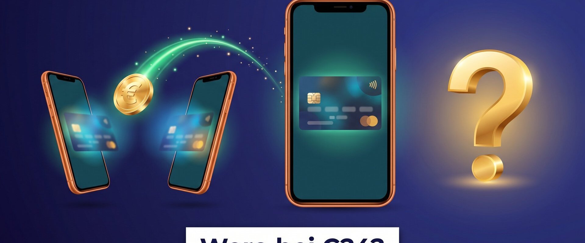 Smartphone mit goldenem Fragezeichen neben zwei Handys, die eine Euro-Münze übertragen: Unterstützt die C24 Bank Wero? (KI-generiertes Bild)