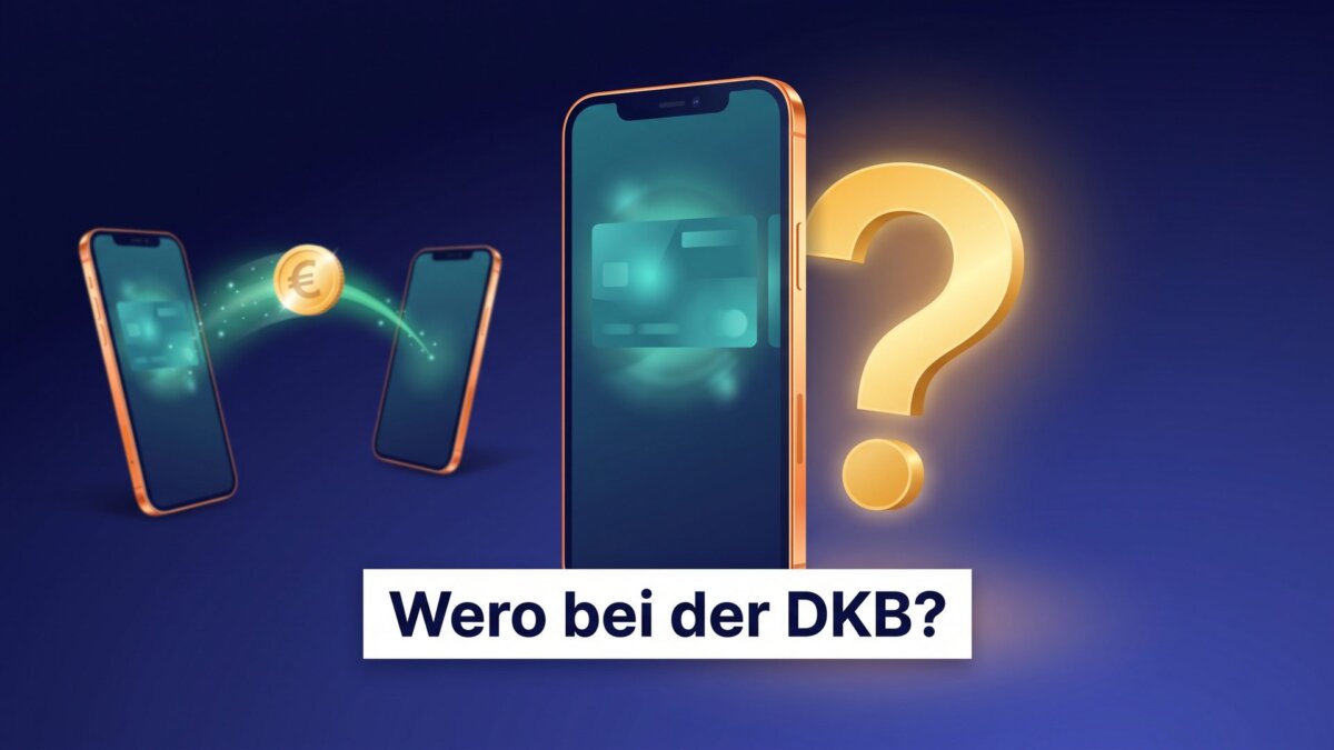 Smartphone mit goldenem Fragezeichen neben zwei Handys, die eine Euro-Münze übertragen: Unterstützt die DKB Wero?