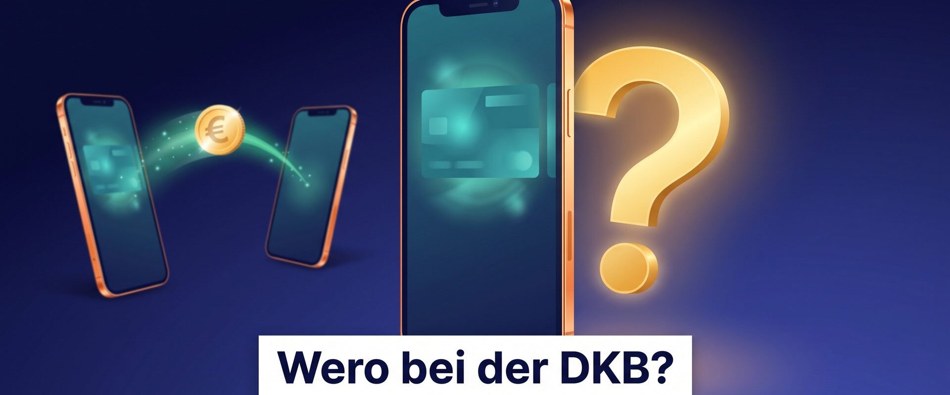 Smartphone mit goldenem Fragezeichen neben zwei Handys, die eine Euro-Münze übertragen: Unterstützt die DKB Wero?