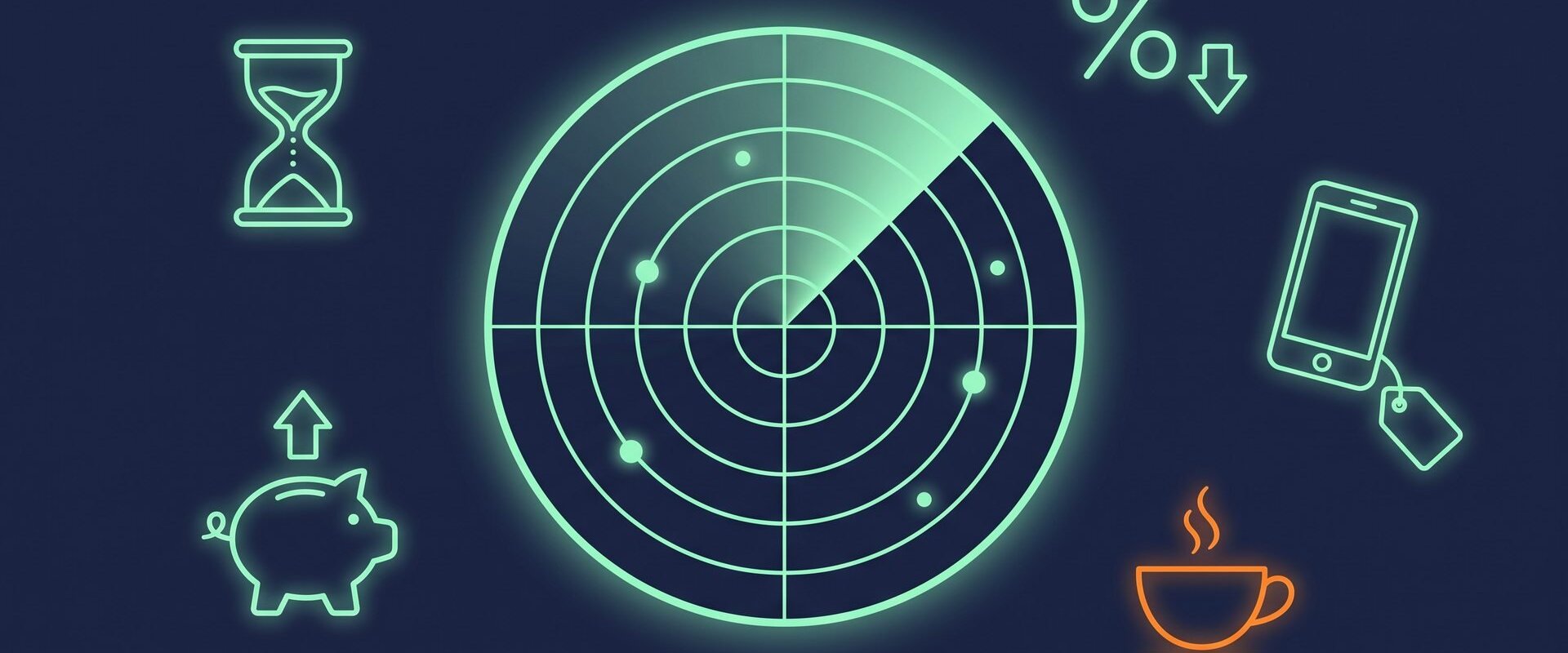 Grün leuchtender Radar-Bildschirm auf dunklem Grund, drumherum eine Sanduhr, ein sinkendes Prozentzeichen, ein Smartphone mit Preisschild, ein Sparschwein mit Aufwärtspfeil und eine Kaffeetasse (KI-generiertes Bild)