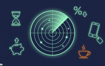 Grün leuchtender Radar-Bildschirm auf dunklem Grund, drumherum eine Sanduhr, ein sinkendes Prozentzeichen, ein Smartphone mit Preisschild, ein Sparschwein mit Aufwärtspfeil und eine Kaffeetasse (KI-generiertes Bild)