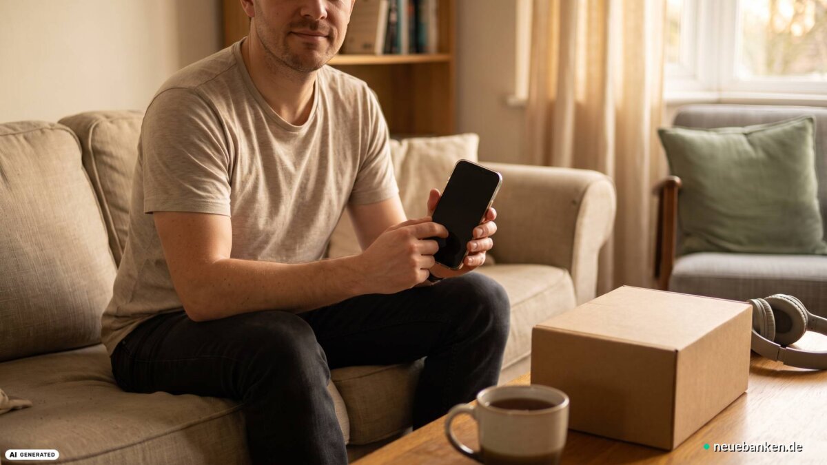 Mann sitzt mit dem Smartphone auf dem Sofa und bezahlt einen Onlinekauf, daneben ein unbeschriftetes Paket (KI-generiertes Bild)