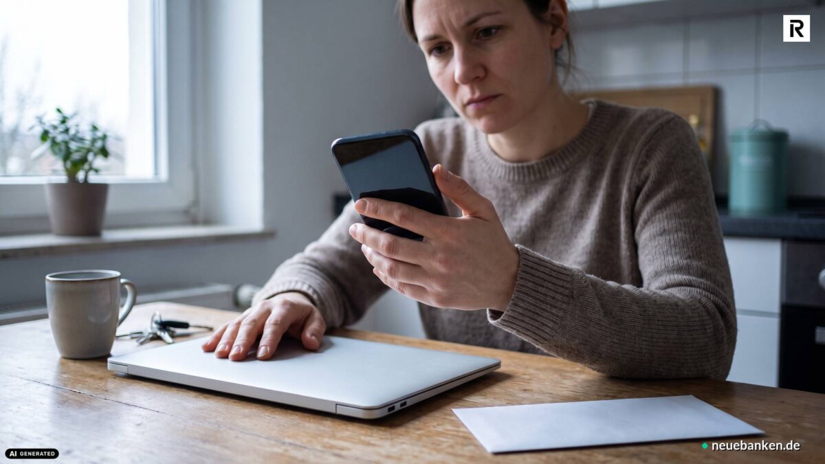 Frau am Küchentisch schaut skeptisch auf ihr Smartphone, daneben ein geschlossener Laptop (KI-generiertes Bild)