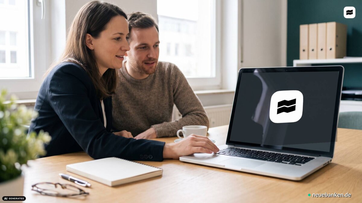 Unternehmerin und Berater sitzen am Besprechungstisch vor einem Laptop mit dem Trade-Republic-Logo auf dem Bildschirm (KI-generiertes Bild)