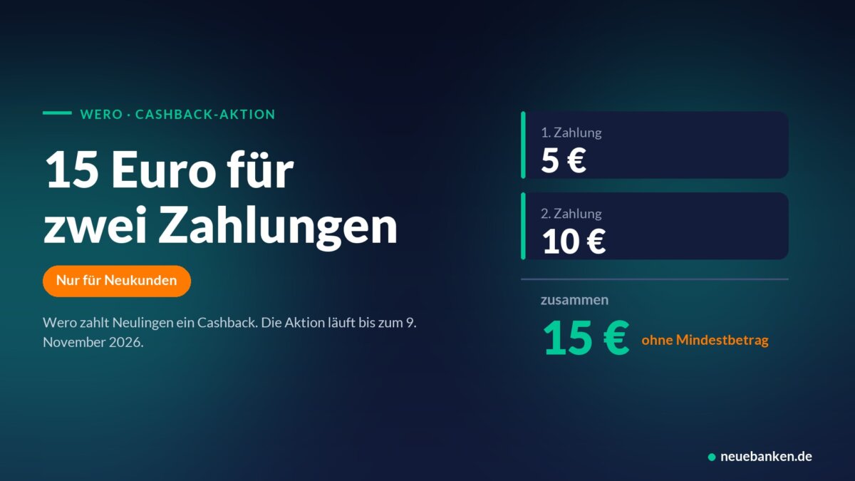 Wero Cashback-Aktion: 5 Euro für die erste und 10 Euro für die zweite Zahlung, zusammen 15 Euro ohne Mindestbetrag