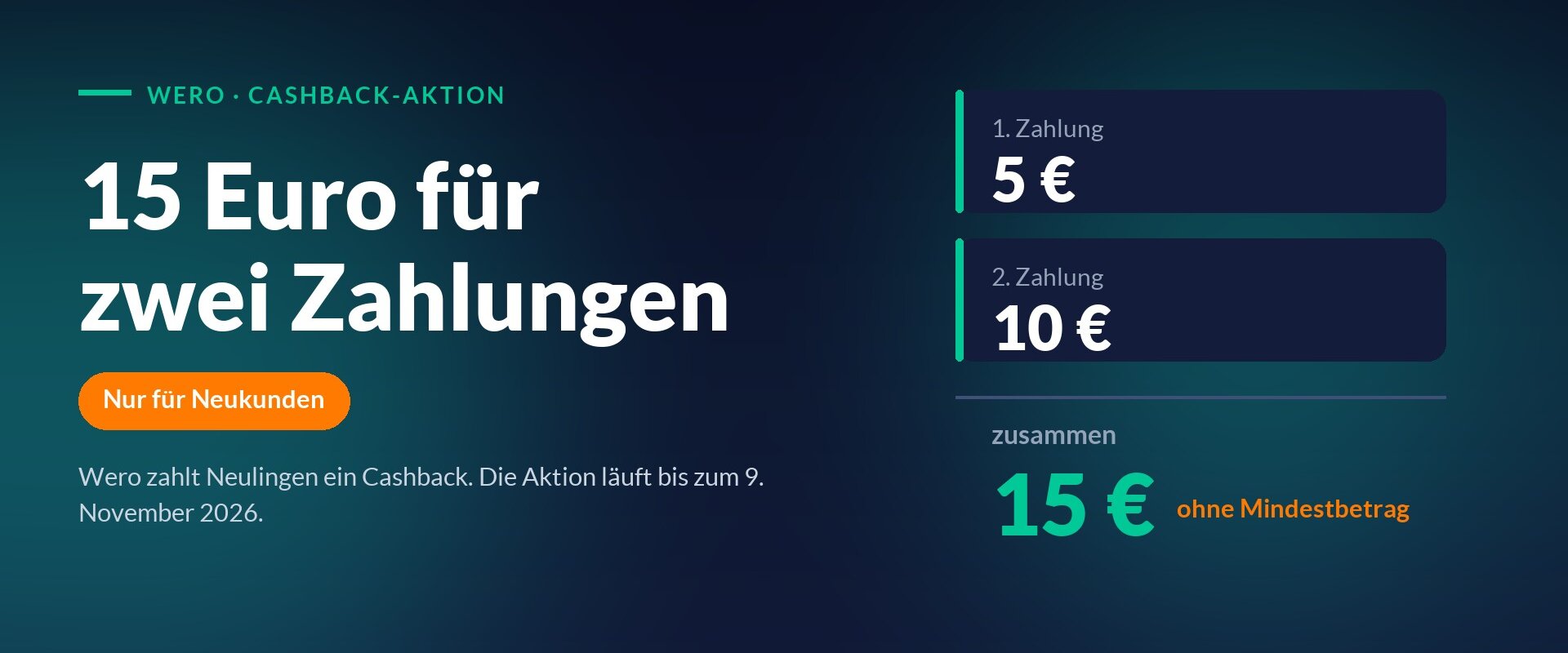 Wero Cashback-Aktion: 5 Euro für die erste und 10 Euro für die zweite Zahlung, zusammen 15 Euro ohne Mindestbetrag