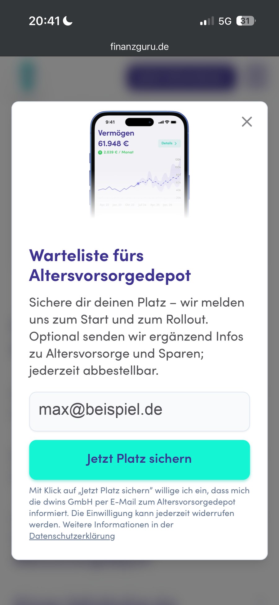 Eintragungsformular der Finanzguru-Warteliste fürs Altersvorsorgedepot mit einem einzigen Feld für die E-Mail-Adresse und dem Einwilligungstext darunter