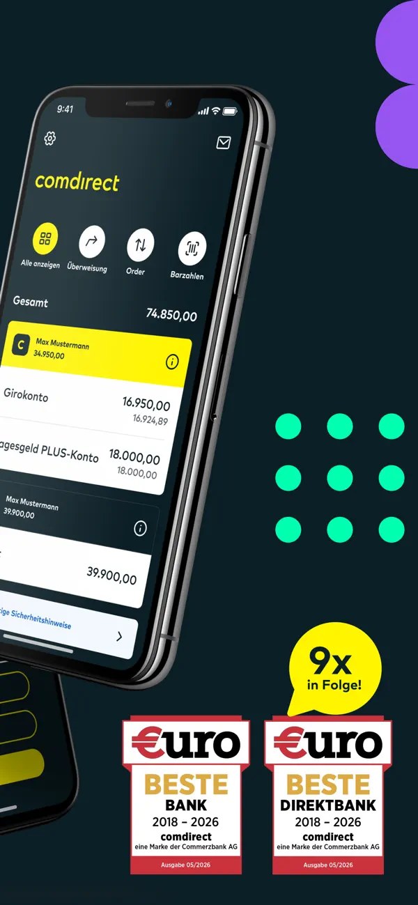 Screenshot der comdirect-App: Depotübersicht mit Positionen (Quelle: Apple App Store (comdirect, Commerzbank AG))