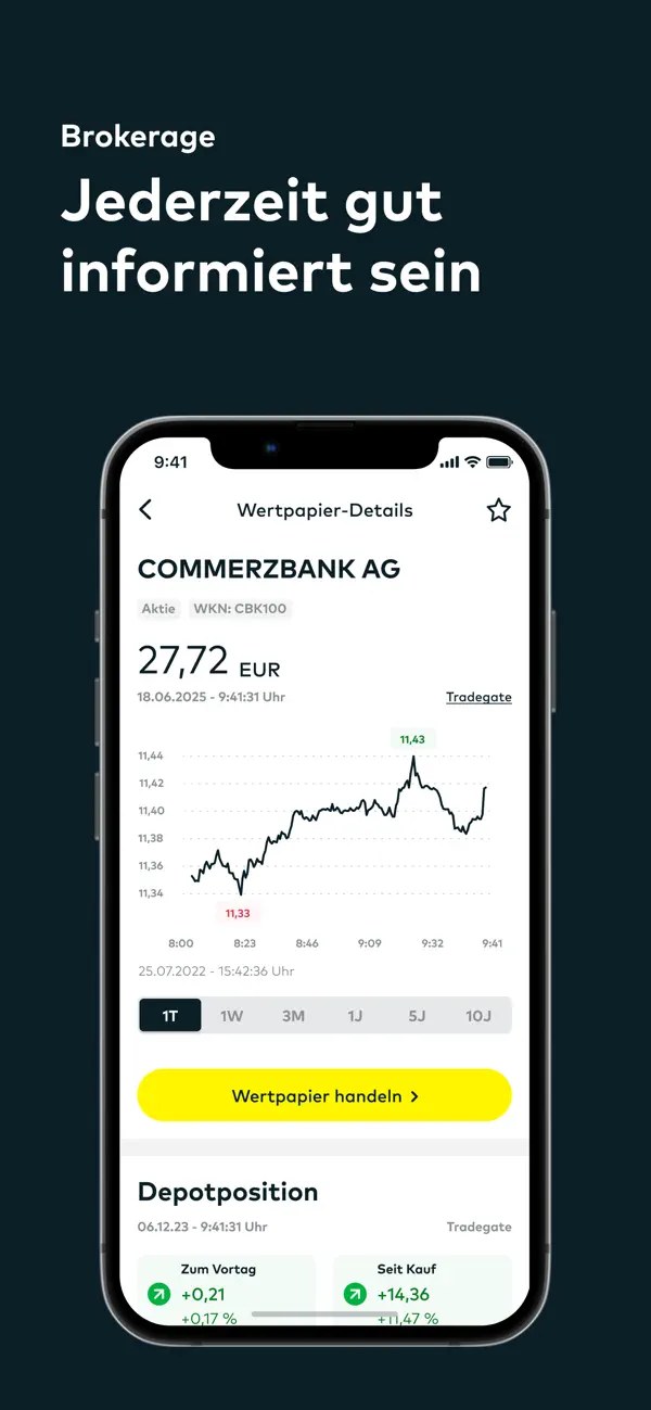 Screenshot der comdirect-App: Alle Konten im Blick: Girokonto, Tagesgeld Plus und Depot (Quelle: Apple App Store (comdirect, Commerzbank AG))