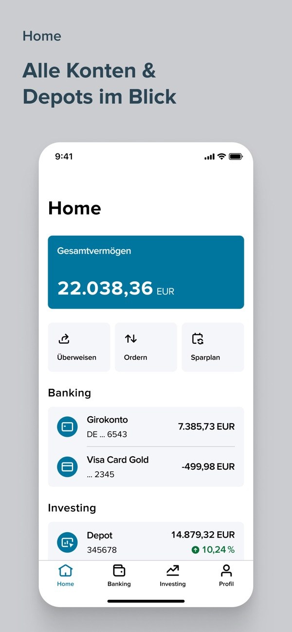 Screenshot der Consorsbank-App: Home mit Gesamtvermögen, Konten und Depot (Quelle: Apple App Store (Consorsbank, BNP Paribas))