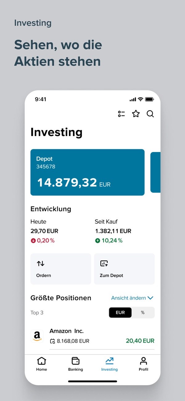Screenshot der Consorsbank-App: Investing mit Depotentwicklung (Quelle: Apple App Store (Consorsbank, BNP Paribas))